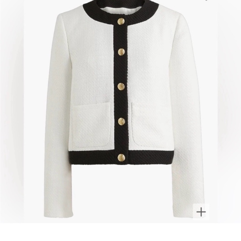 JCREW White Black Tweed Cropped Lady Jacket Blazer Gold Buttons NWT